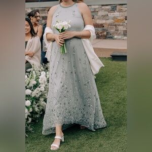 Mac Duggal High Neck Floral Embellished Mesh Trapeze Gown - Sage - Size 8